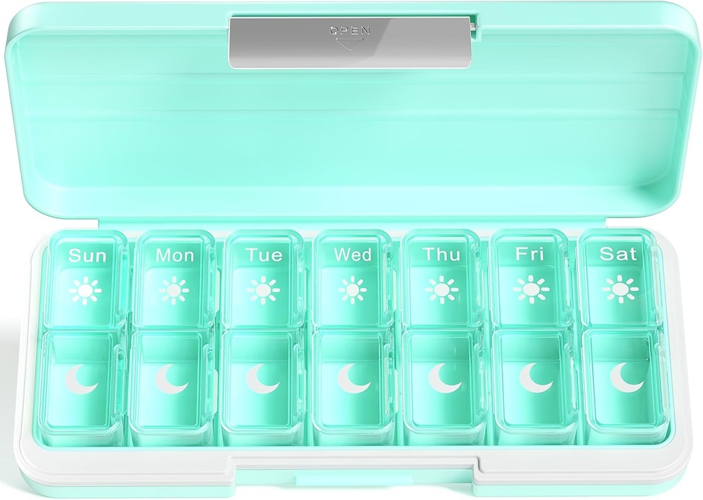 Zoksi Am Pill Organizer 7 Day, Weekly Pill Box 2 Kali sehari, Medicine Pill Organizer dengan Kompartemen Terpisah, Case Travel Dispenser untuk Vitamin, Ikan Oil, Obat-obatan (Hijau)