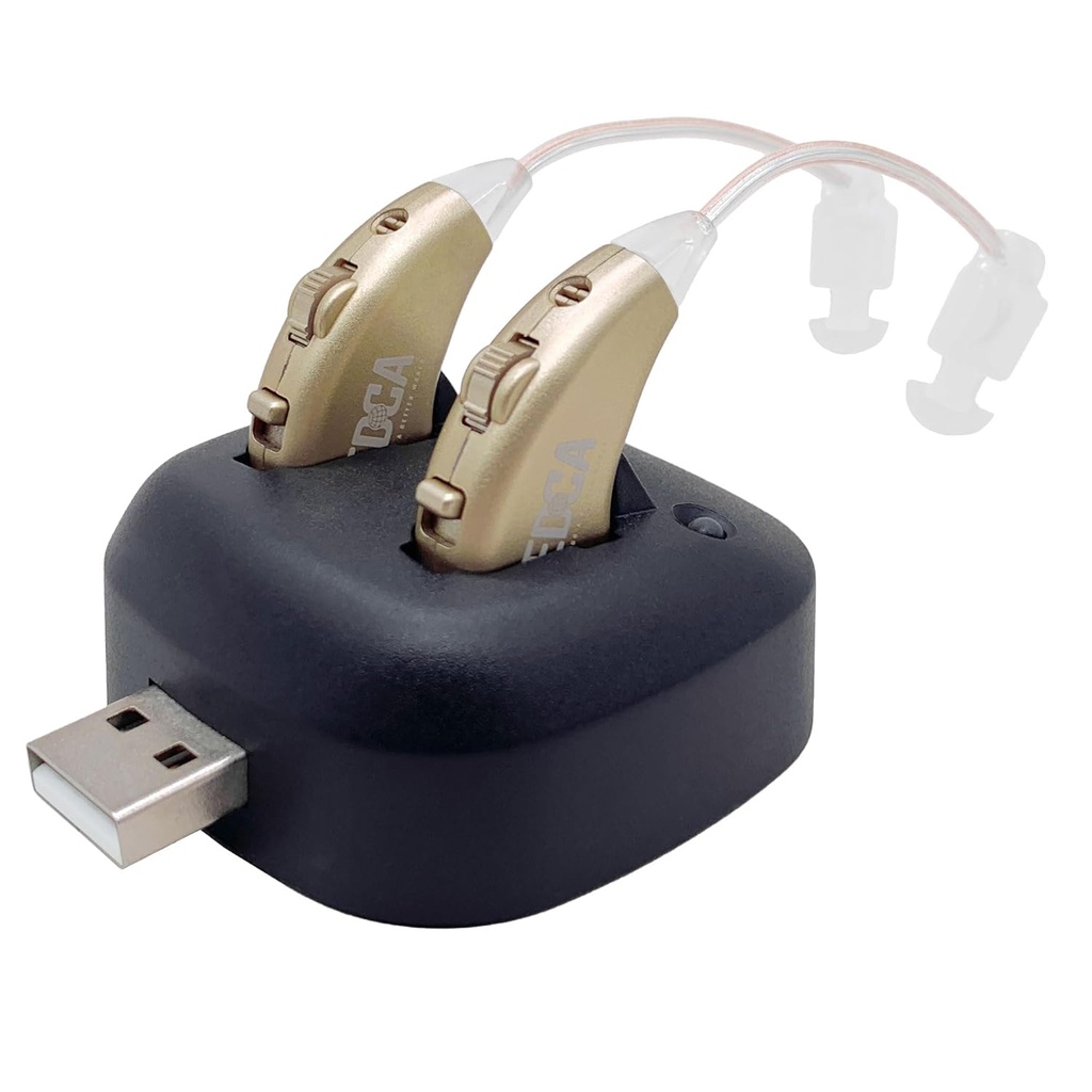 Digital Hearing Amplifier - Dapat diisi BTE Personal Sound Amplifier Pair dengan USB Dock - Premium Gold Behind The Ear Sound Amplifikasi - oleh NewEar