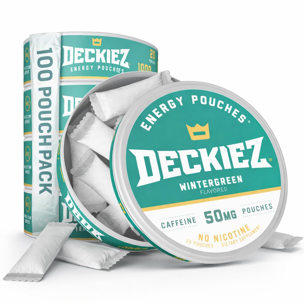 Deckiez Energy Pouches, 5 Cans (100 Pouches), Suplemen Kafein Bebas Gula, Coffee Pouches & Energy Drink Alternatif, 50mg Caffeine Pouches, Wintergreen Flavor