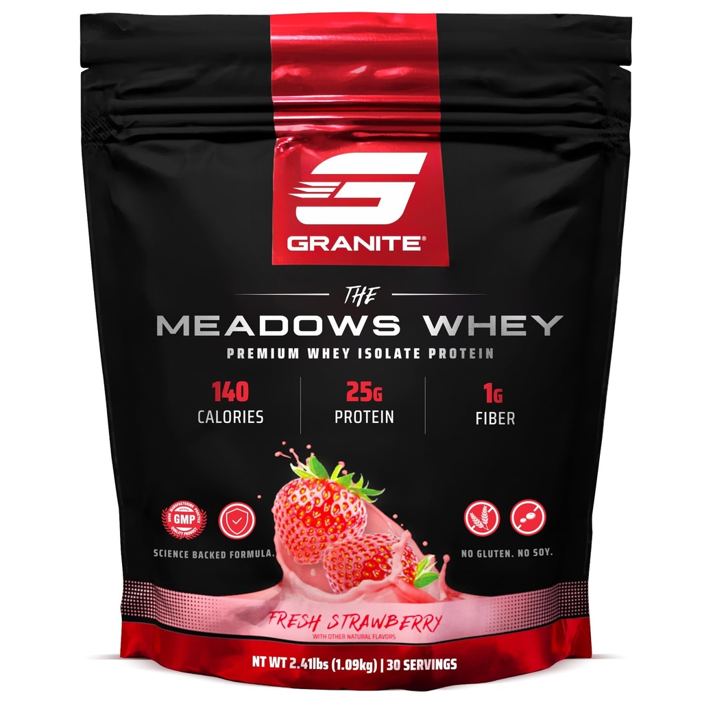 Suplemen Granite The Meadows Whey Protein Isolate Propin Powder untuk Lean Muscle dengan 150 Kalories, 2g Fiber, 1g Sugar (30 Servings), Segar Strawberry Flavor