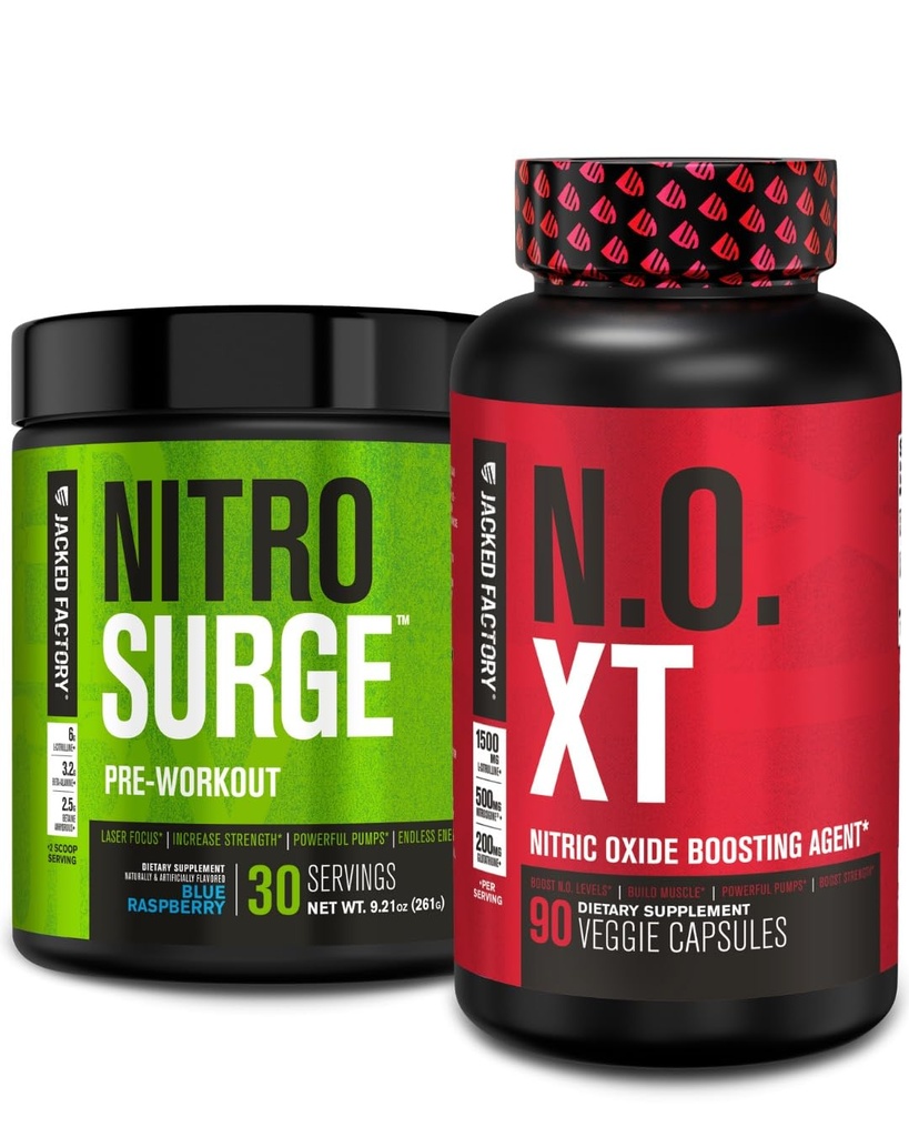 Jacked Factory Nitrospush Pre- Workout di Blue Raspberry & N.O. XT Nitric Oxide Booster untuk Pria & Perempuan