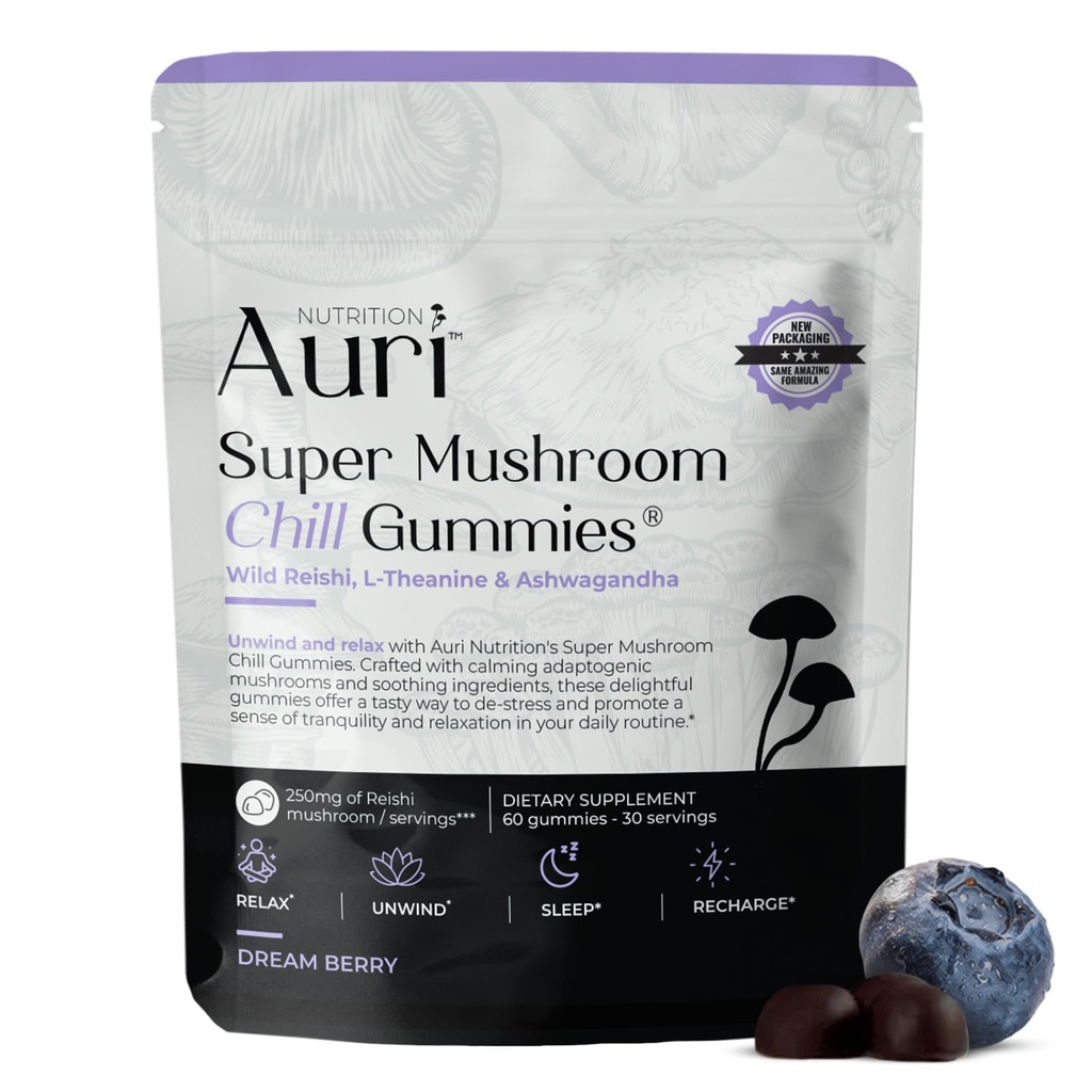 Auri Super Mushroom Chill Gummies - Aid Calming Alam & Stress Reduction Suplement for Dewasa w / Reishi Mushroom, Ashwagandha, L- Theanine - Unwind Mind Harmonize Your Day - 60 Calm Gummies