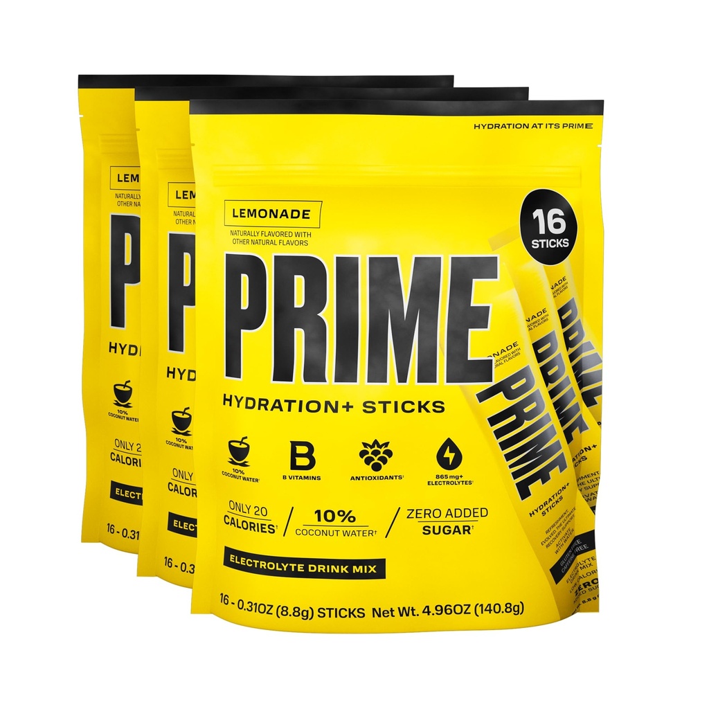 Hidrasi PRIME + Sticks Lemonade 124; Hidration Powder Single Save Sticks 124; Electrolite Powder On The Go Go 124; 250mg BCAAs, B Vitamin, Antioksidants 124; Rendah Gula 124; Kafein Gratis 124; Vegan 124g BCAs, 48 Sticks