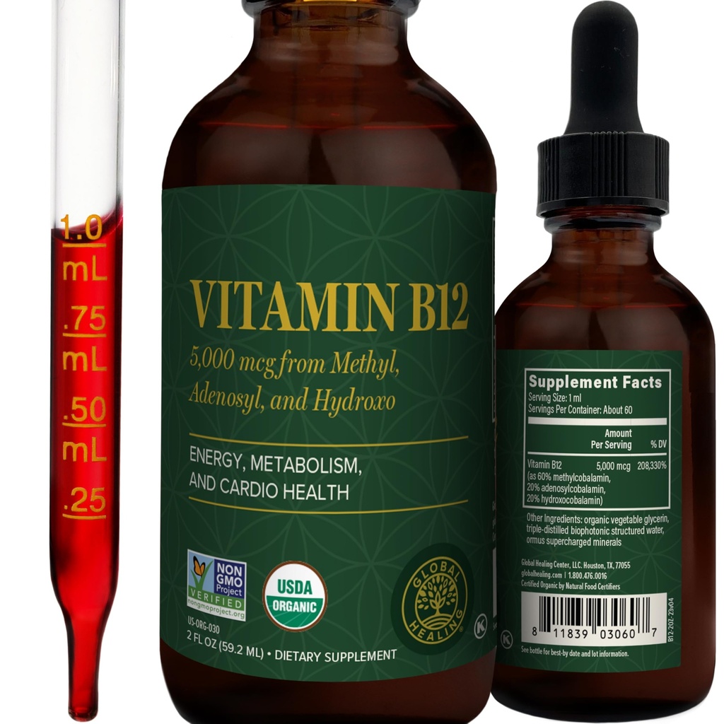 Global Healing - Organic Vitamin B12 5000 MCG Sublinual Liquid - Methylcobalamin, Hydroxo Blast & More - Methoylated Drops for Dewats - Vegan, Non-GMO, VIT B12, Vitamins Suplemen (2 Oz)