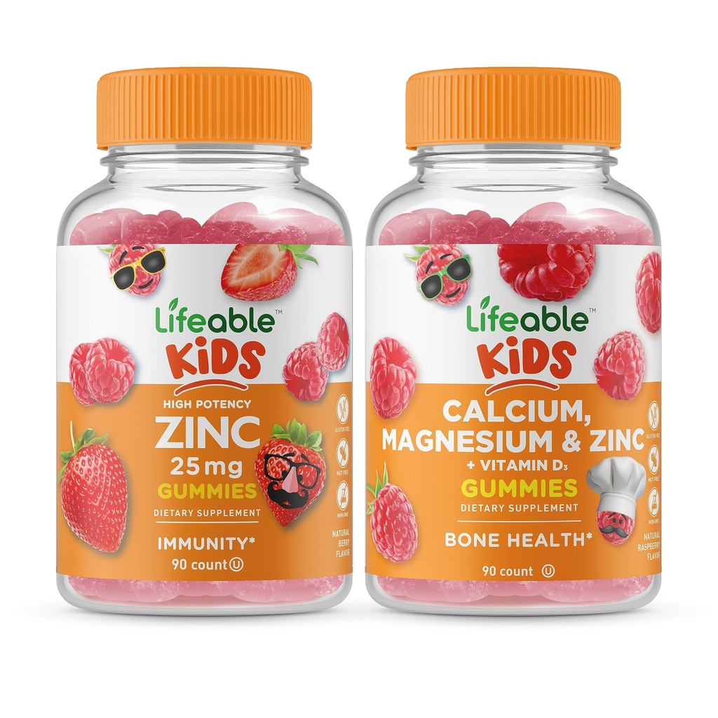 Lifeable Zinc 25mg Kids + Calcium Magnesium & Zinc Kids, Gummies Bundle - Great Tasting, Vitamin Suplemen, Gluten Bebas, GMO Bebas, Gummy Chewable