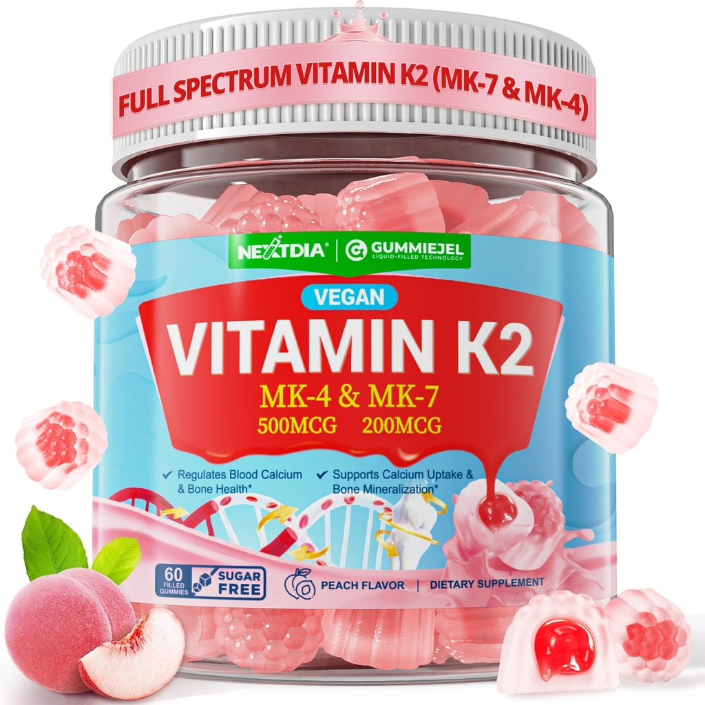 Vitamin K2 Gummies MK-7 200 mcg & MK-4 500 mcg untuk Perempuan & Men Sugar Free, Perfect 2 - 1 Full Spectrum Vitamin K2 Tambahan untuk Bone, He-art, Promes Calcium Absorction, Brain, Teeth, Immune, 1Pack