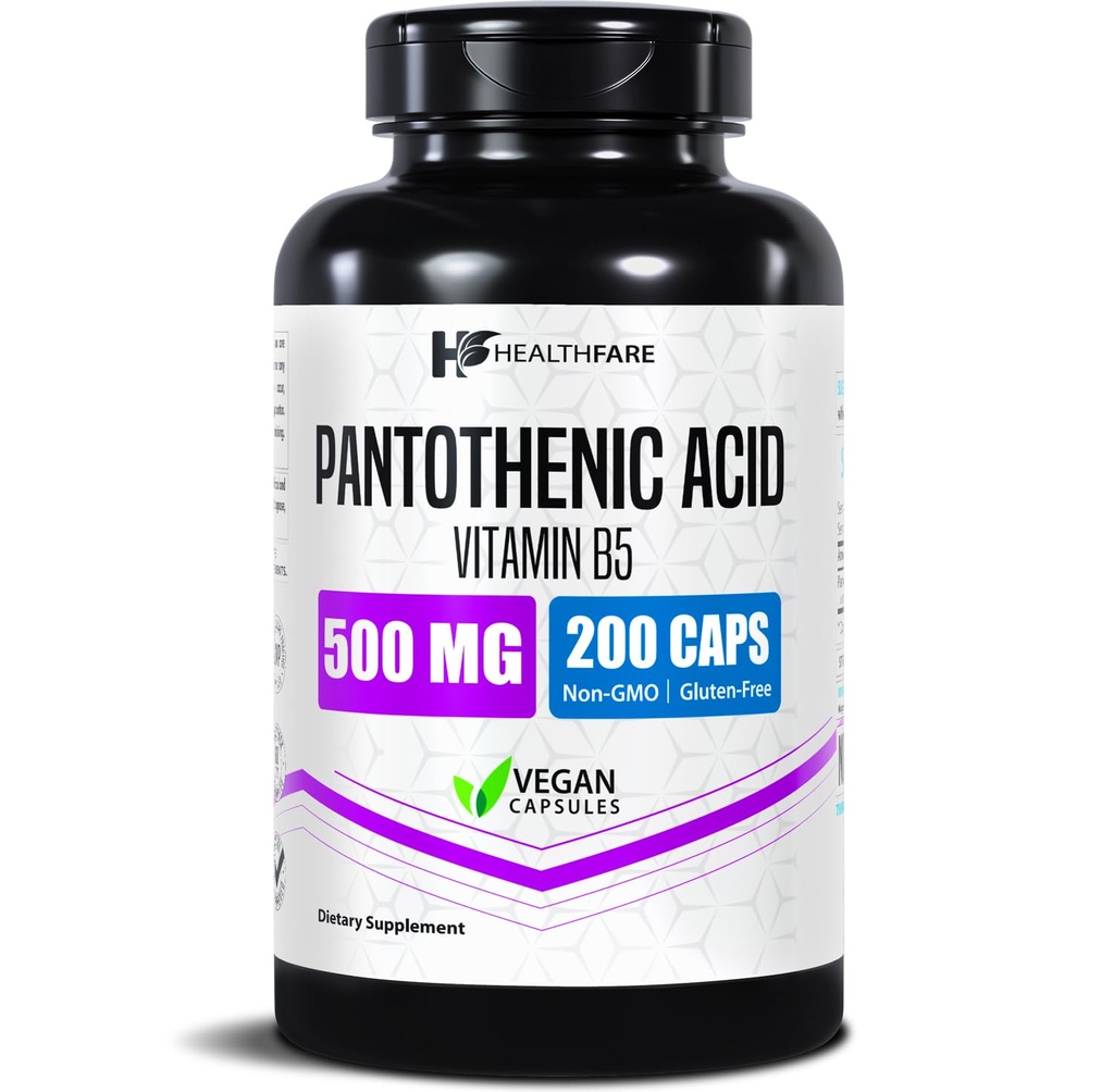 Healtfare Pantothenic Acid 500mg Vitamin B5 Suplement 124; 200 Vegan Capsules 124; Ekstra Energi & Metabolisme Mendukung 124; Non-GMO, Gluten- Gratis 124; Dibuat di AS