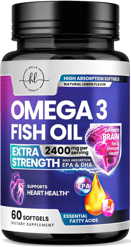 Tambahan Minyak Ikan Omega 3 2400mg - Triple Kekuatan Omega 3 Fatty Acids, Otak Kesehatan Jantung Alam & Gabungan - Acids Gendut dengan EPA & DHA - Wild Caught Fish Oil Suplemen - 60 Softgels