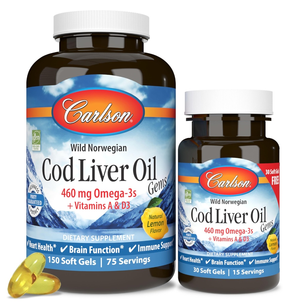 Carlson - Cod Liver Oil Gems, 460 mg Omega-3s, Plus Vitamin A dan D3, Wild Caught Norwegia Arktik Cod, Sustained Nordic Fish Oil Capsules, Lemon, 150 + 30 Softgels