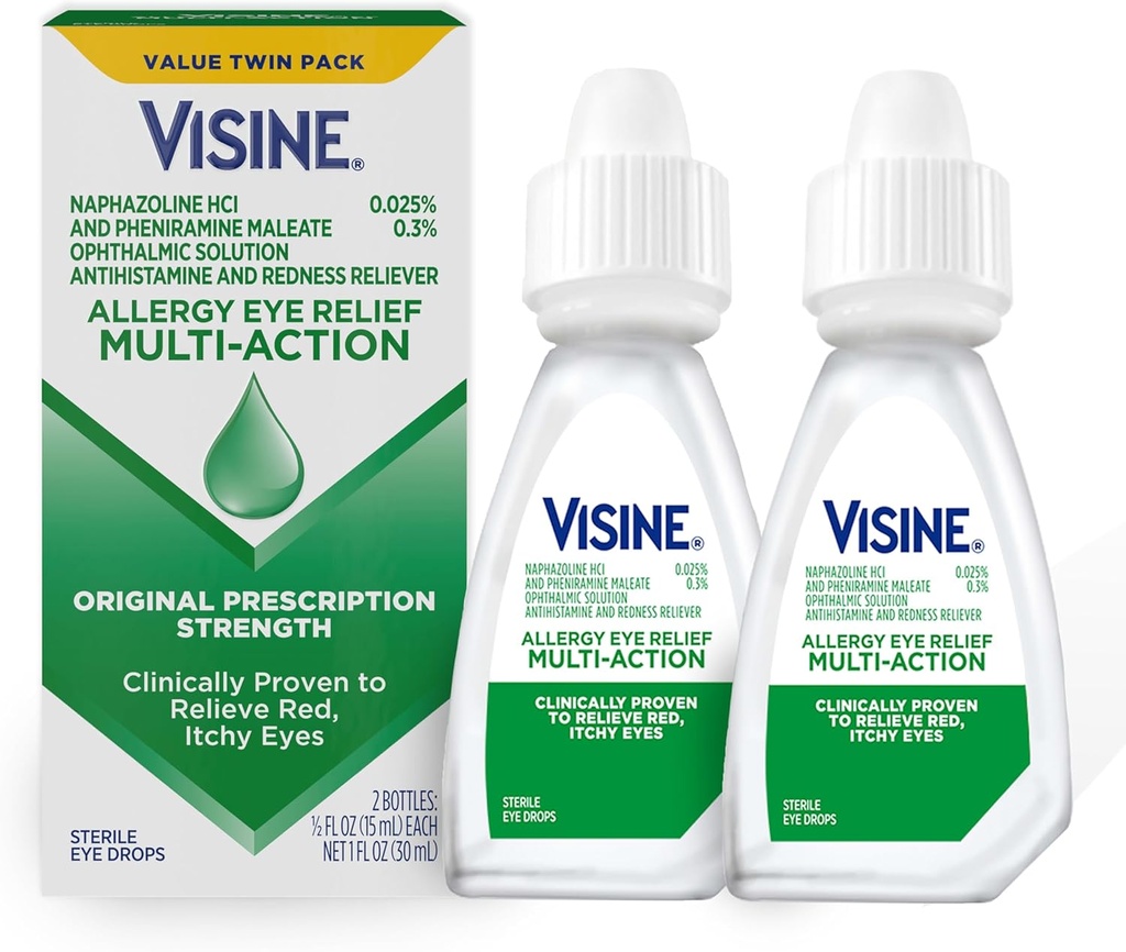 Visine Allergy Eye Relief Multi- Action Antihistamin & Reherness Reliever Eye Drops with Pheniramine Maleate & Naphazoline HCI, Eye Drop Treatment for Red, Itchy, Allergy Eyes, 0.5 Fist, 2 Pack