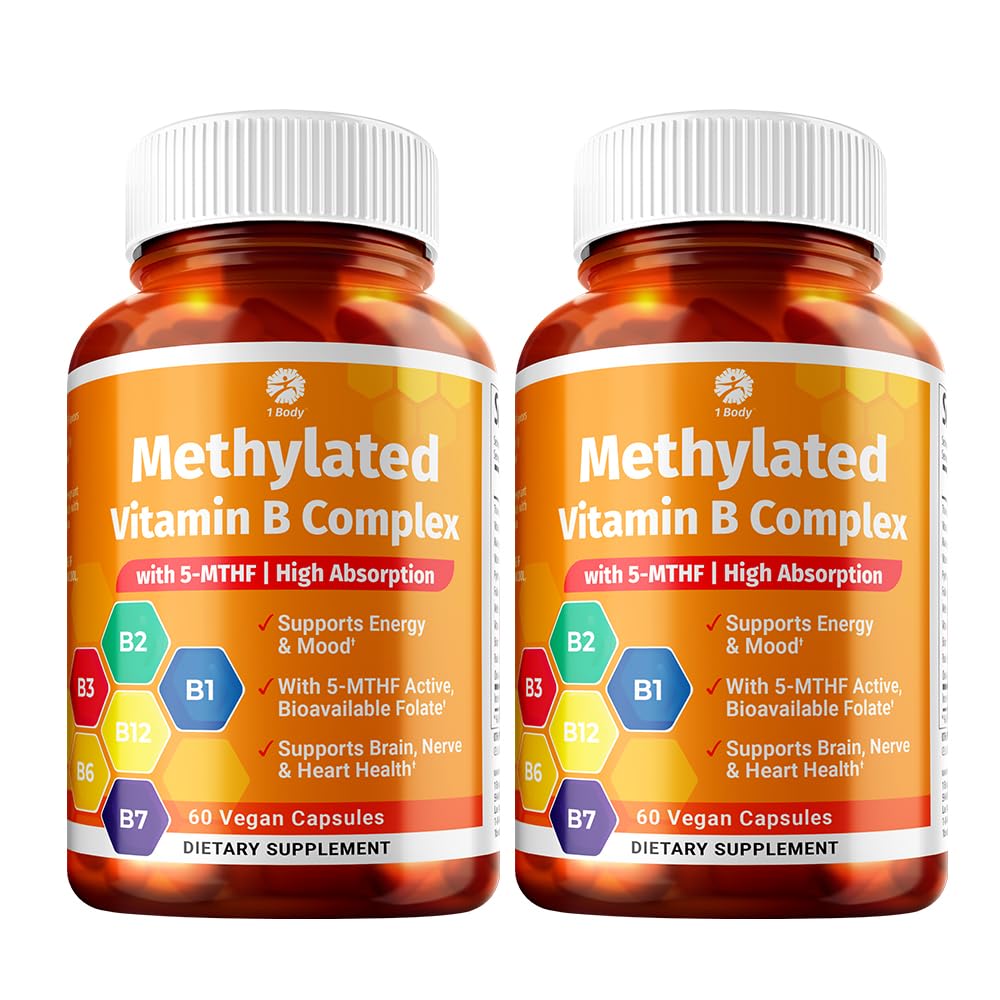1 Tubuh Vitamin B Kompleks Kembaran Kembar - 5-MTHF Terisi dengan B1, B2, B5, B6, Metil B12, Niasin, Biotin - 60 Capsules Masing-masing