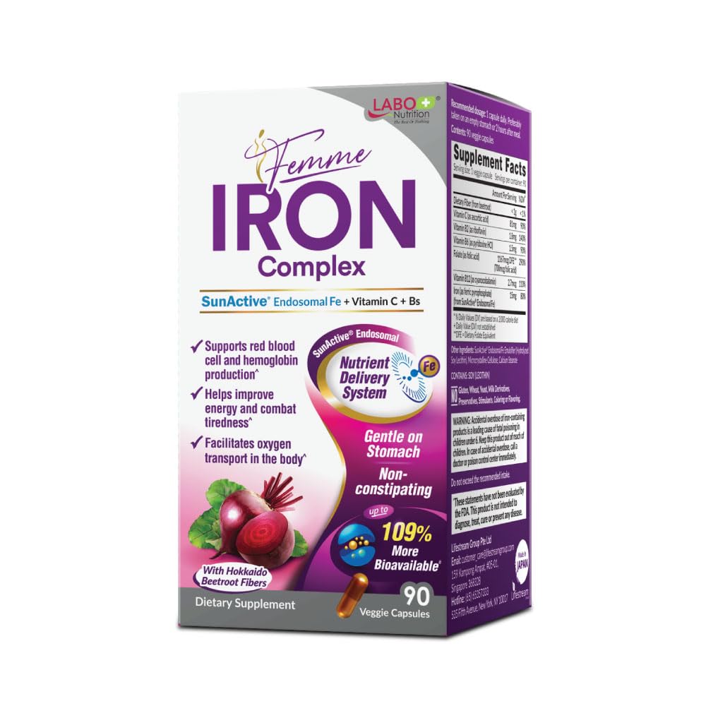 Femme Nuklir LaBO Femme Besi Endosomal SunActive, Non-Irrtating Iron Suplemen 15mg untuk Pembangunan Darah, Vegan, Lembut, Tanpa Metalic Aftertaste, Non Constipating, Ideal untuk Perut Sensitive, 90 Count