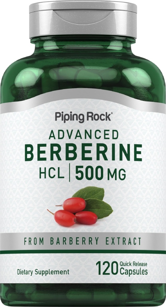 Piping Rock Berberine HCL Suplemen 1124; 500mg 124; 120 Capsules 12.4; Barberry Extract 126; Non-GMO, Gluten Free