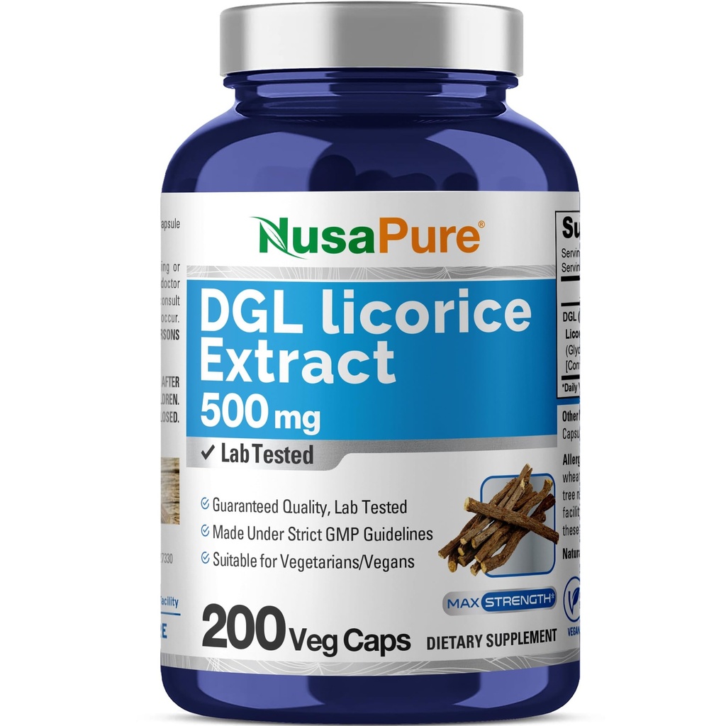NusaPure DGL Licorice Ekstrak 500 mg 200 Veggie Capsules (Vegan, Non-GMO)