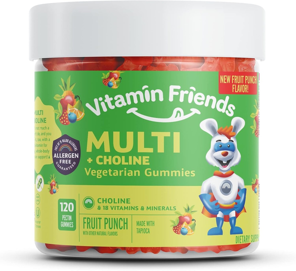 Vitamin Friends - Vegetarian Multivitamin & Choline for Kids - Daily Nutitium Dukung Gummies w / Vitamin C, D, E, A, B6, Zinc, Folic Acid, Choline, Selenium, Niasin, Thiamin, Biotin (30 Hari Supply)