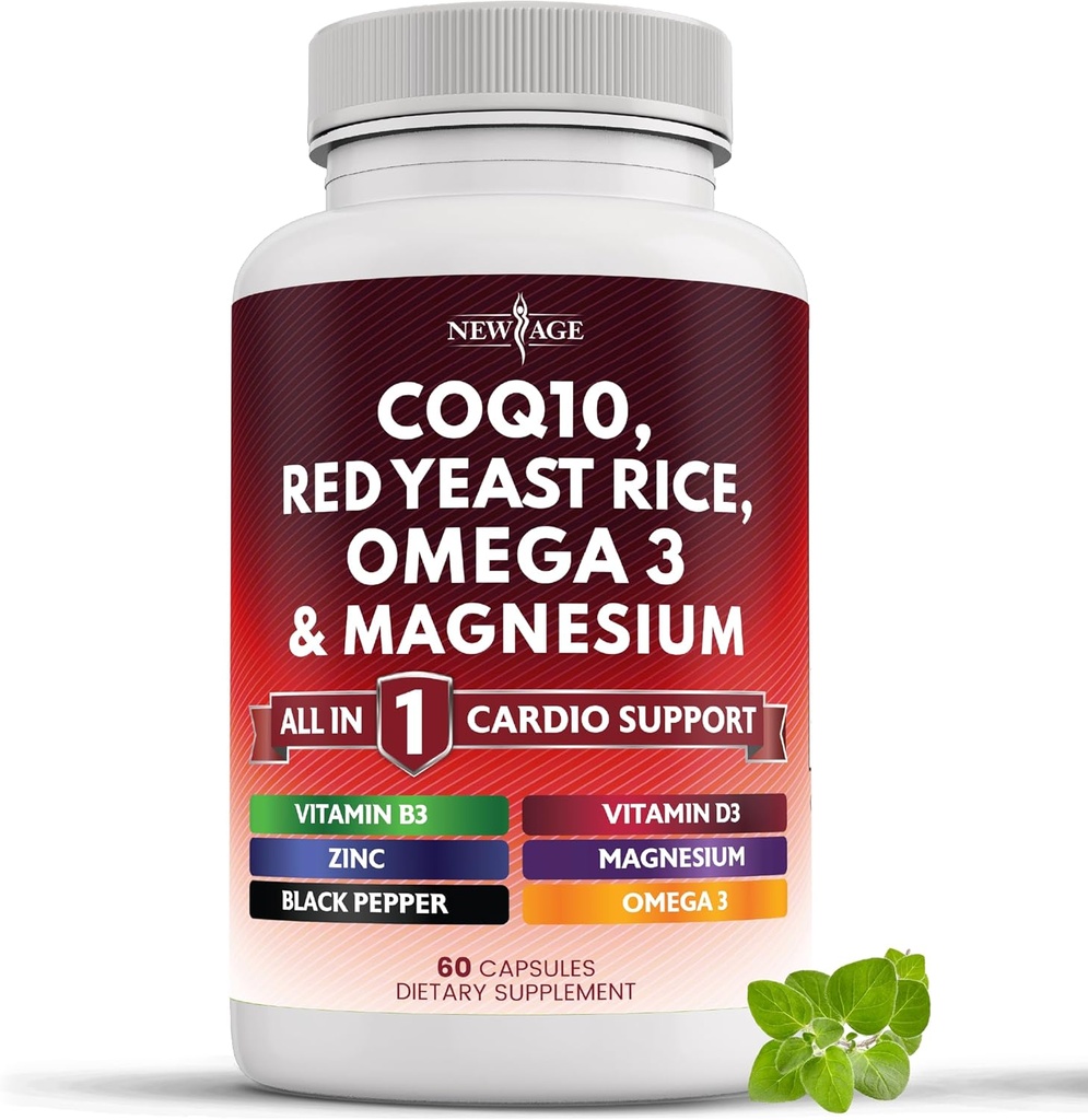 New Age COQ10 200mg Red Yeast Rice, Omega 3, Magnesium Complex, Zinc Vitamin K2 D3 - Dukungan Kesehatan Jantung Vitamin untuk Perempuan dan Pria dengan Vitamin B3, Koenzim Q10-60 Count