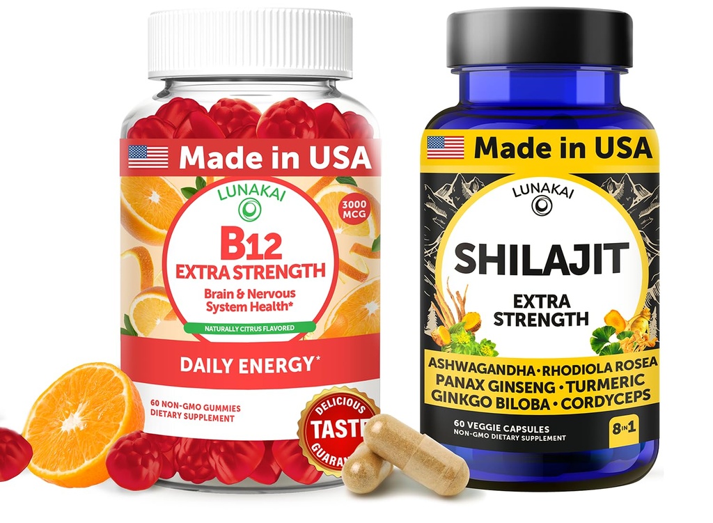 Lunakai USA Made B12 Gummies & Shilajit Capsules Bundle - Ekstra Energi Harian & Wellness Dukungan