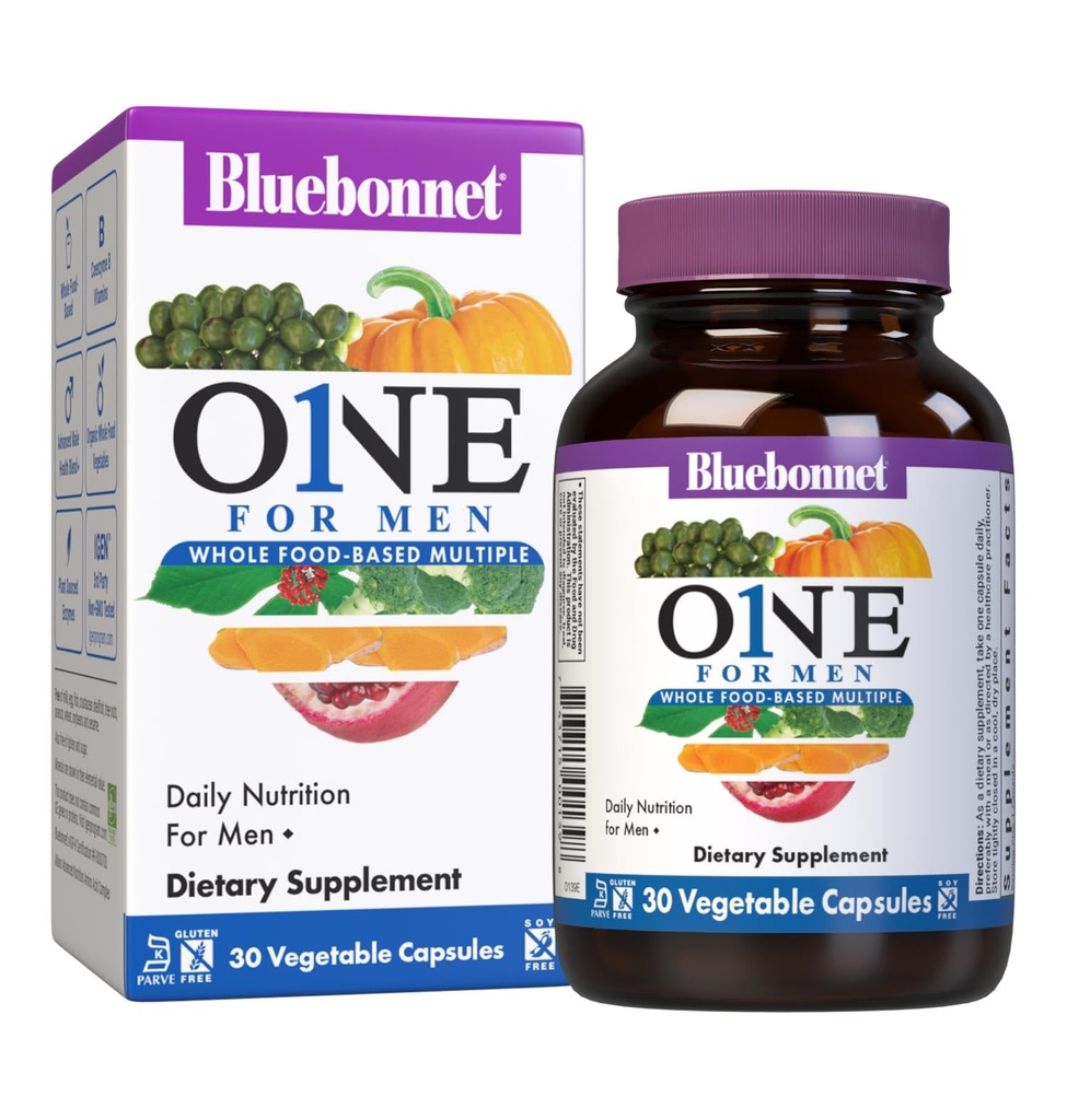 Bluebonnet Nutrection One for Men Whole Foods - Based Multiple, Daily Nutrition *, Non-GMO, Vegetarian Friendly, Kosher, Gluten-Free, Soy-Free, Dairy-Free, Iron Free, 30 Vegetable Capsules, 30 Servis