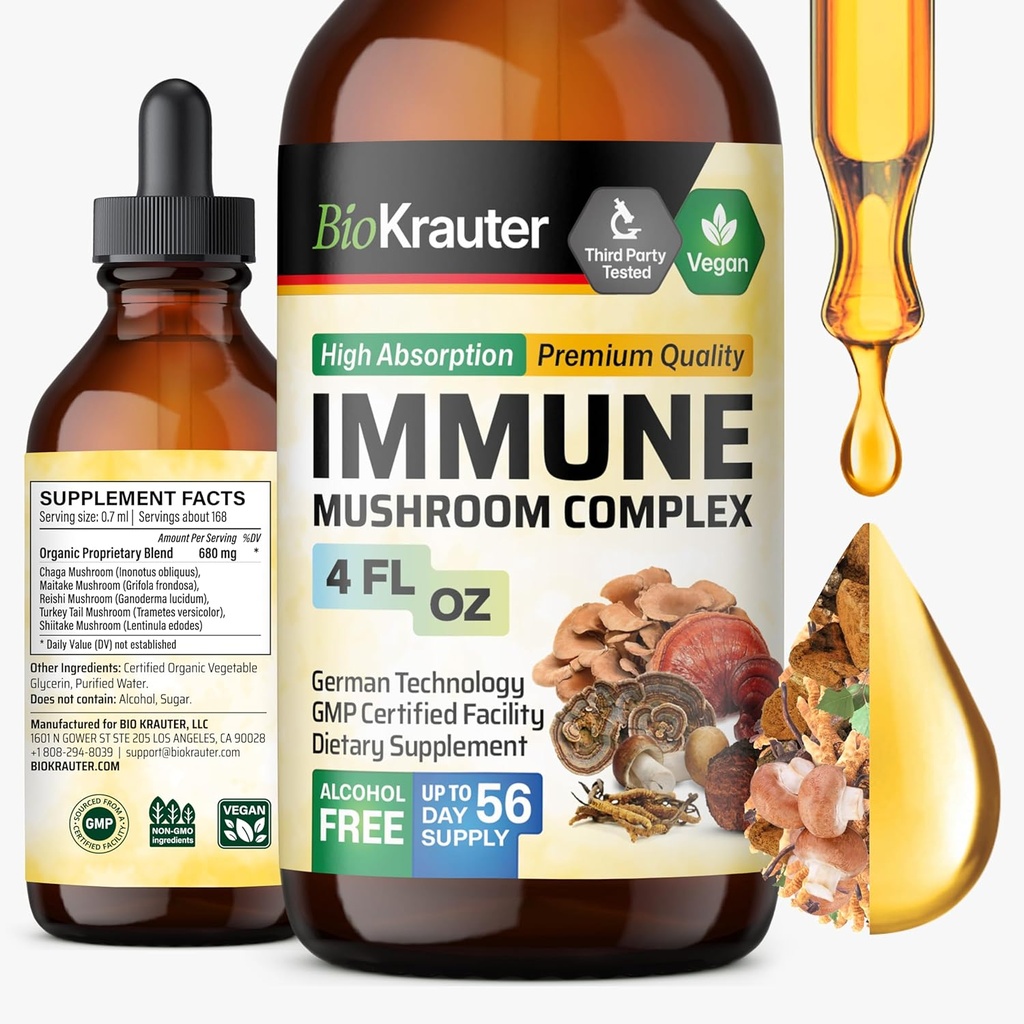 BIO KRAUTER Imune Dukung Mushroom Suplemen - Lions Mane, Shiitake, Turkey Tail, Reishi, Chaga & Maitake Liquid Extract - Mushroom Complex Taincture - Vegan Drops 4 Fl.Oz.