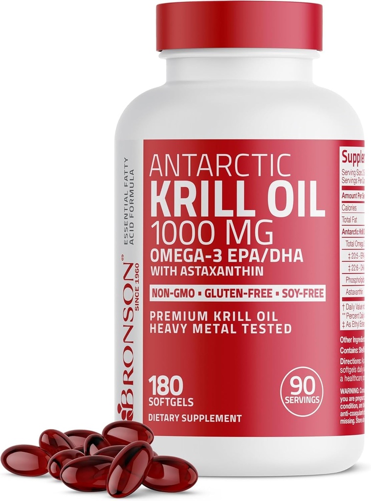 Bronson Antartika Krill Oil 1000 mg dengan Omega- 3s EPA, DHA, Astaxanthin dan Phospholipids 180 Softgeels