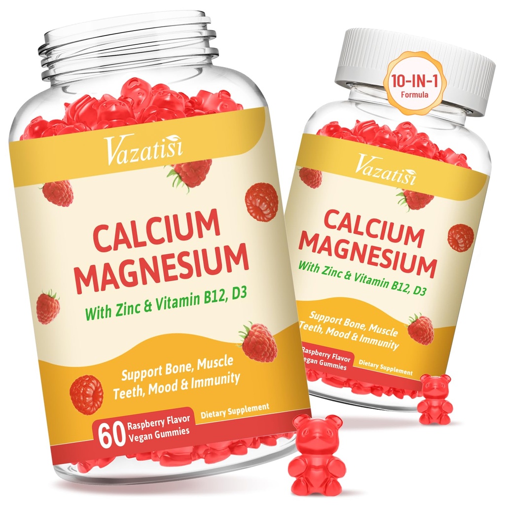 2 Pack Calcium Gummies with Magnesium, Zinc, Vitamin D3 & B12, Calcium Suplemen Perempuan, Dukung Bone, Muscle and Imunity, 120 Vegan Raspberry Flavor Gummies