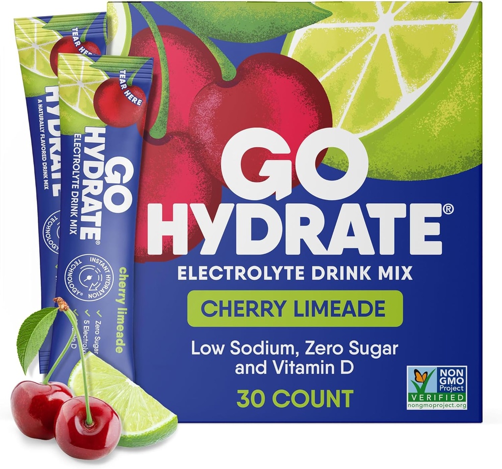GoHydrate rendah Sodium Electrolytes Pawder Sugar Free - Hidration Daily Drink - Zero Sugar Water Flavor Packet dengan Vitamin D - (Cherry Limeade, 30 Paket)