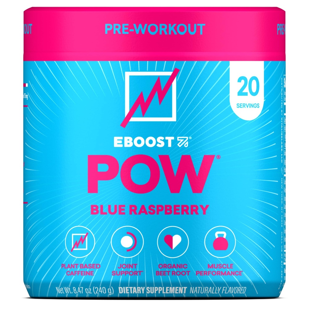 EBOOST POW Natural Pre Workout Powder - 20 Pelayan - Blue Raspberry - Suplemen PreWorkout untuk Performance, Dukungan Gabungan, Energi - Pria dan Wanita - NON-GMO, Gluten- Free, No Creatine