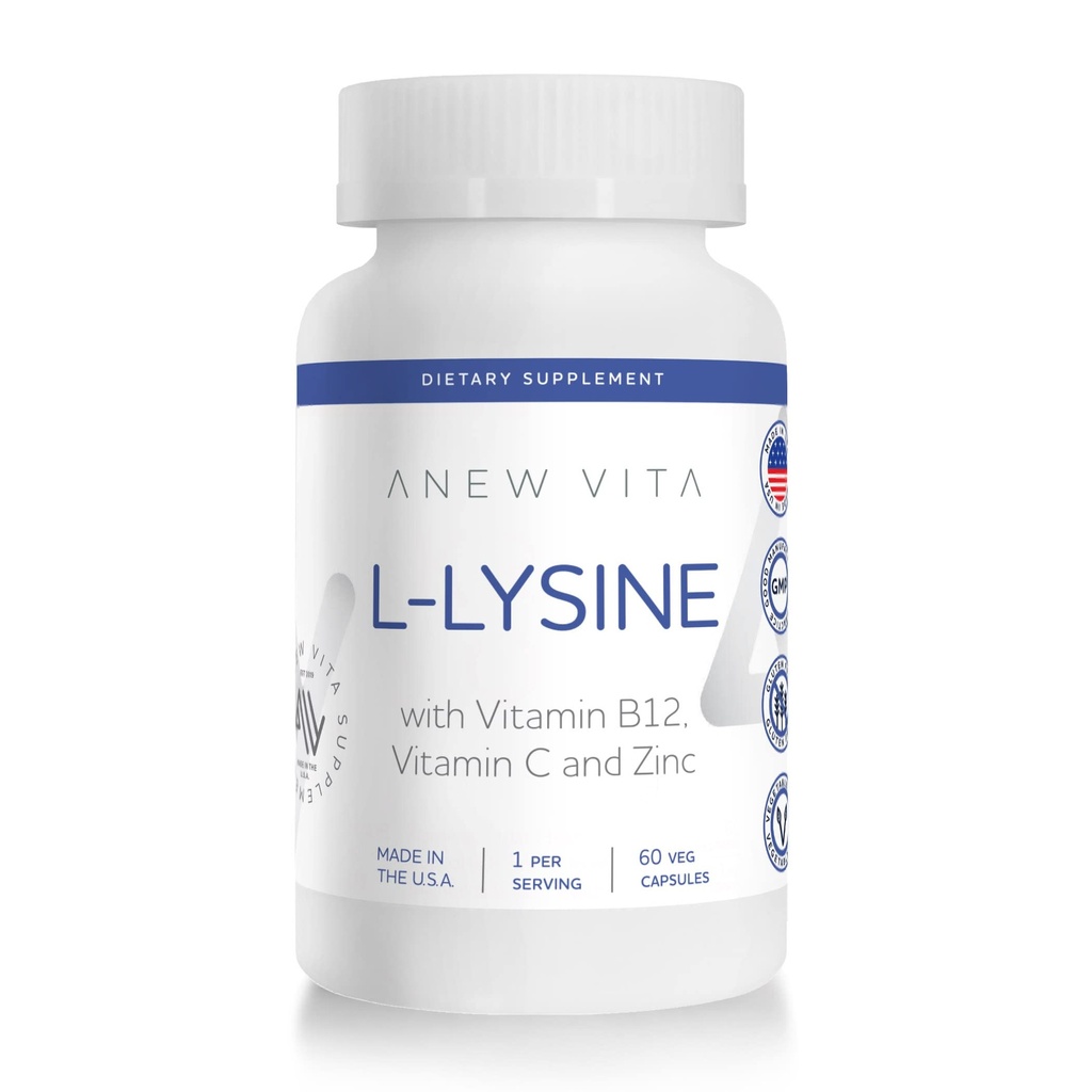 L-Lysine Tambahan dengan Vitamin B12 + C + Zinc untuk Lip, Mouth, dan Oral Tissule Kesehatan - Enhanced Wellness Dukungan - Non-GMO, Gluten-Free - Dibuat di USA - 60 Vegetable Capsules, 500mg