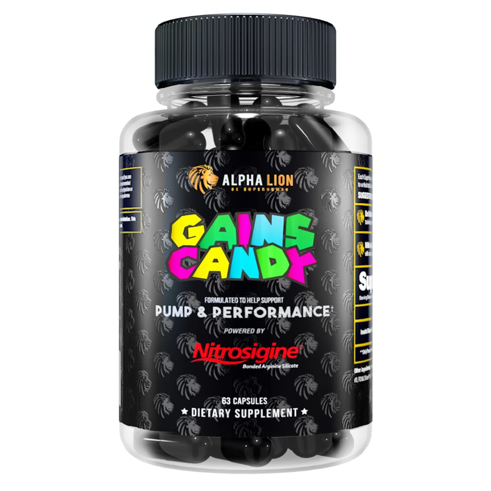 ALPHA LION Gains Candy, Pill Tambahan untuk Pompa Otot dan Pompa Darah, Nitric Oxide Booster, Dukungan Mental Focus, Gunakan Daily to Upgrade Workout Performance, 63 Capsules (Nitroigin)