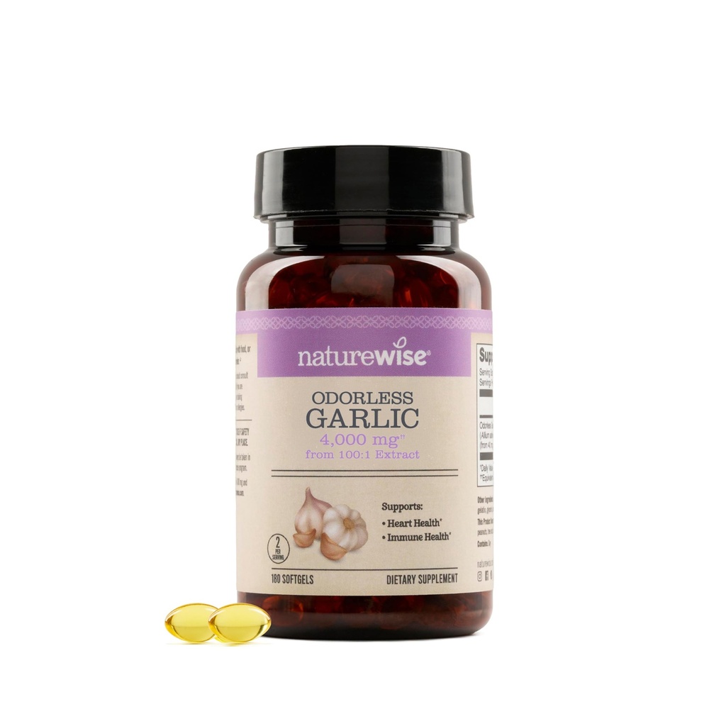 Naturrewise Odorless Bawang Suplemen 4000mg - Ultra Power100: 1 Ekstrak - Sehat Cholesterol Formula, Dukungan Kesehatan Jantung - Non-GMO, Gluten Bebas, dengan Halal Gelatin - 180 Count [Tambahan Hari]