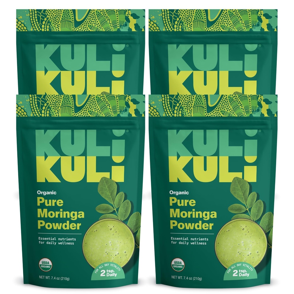 Kuli Kuli Moringa Oleifera Powder Organik & Green Smoothie, 100% Ugmurni USDA Certifikasi & Bukan-GMO Moringa Powder, Hebat dengan Smoothies, Tea, dan Food, 4 Pack