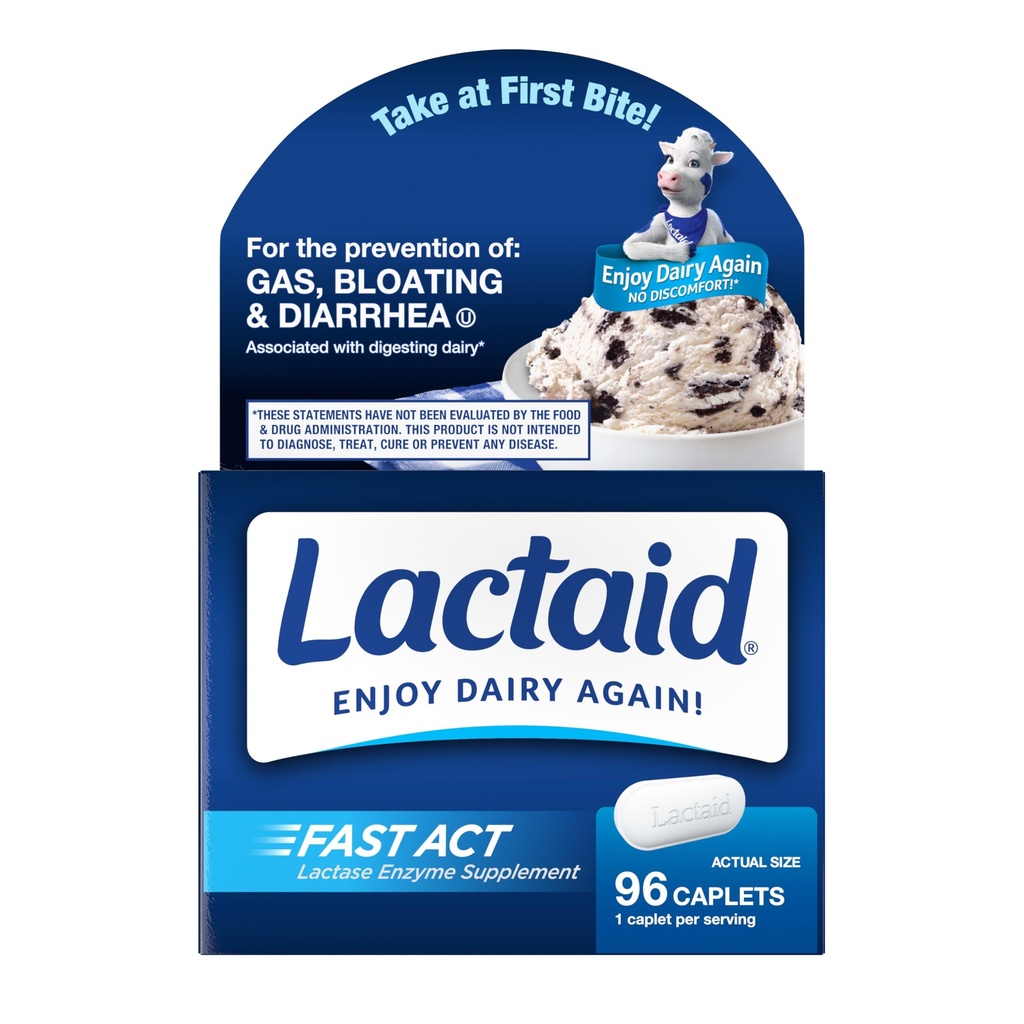 Lactaid Fast Act Laktosa Intoleransi Caplets with Lactase Enzyme, Dairy Relief from Gas, Bloating & Diare, 9000 FCC Laktosa Intoleransi Pil, 96 Individual Travel On- TheGo Packs (96 x 1 ct)