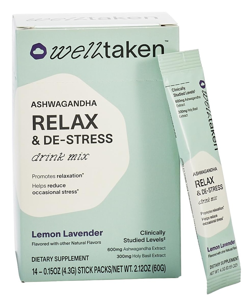 Ashwagandha Relax & De-Stress Powder - Lemon Lavender 14ct Box - 600mg Ashwagandha, 200mg L-Theanine, Holy Basil - Supports Stress, Relaxation - Vegan, No Added Sugar - 14 Services