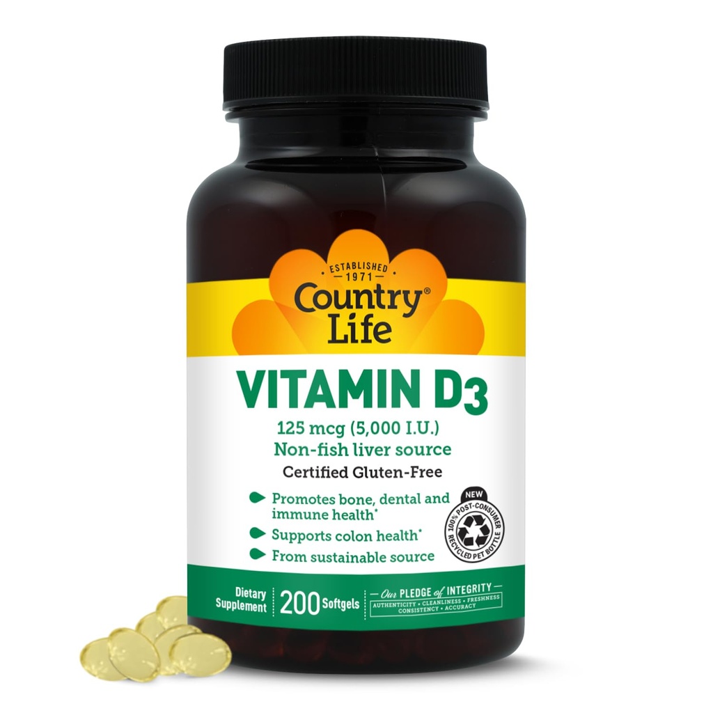 Country Life Vitamin D3 5000 IU untuk Kesehatan Ammune dan Bone, Pelecehan Kalsium, dan Kesehatan Colon - Sumber Sustainable dari Lanolin, Tersedia dalam Berbagai Strengths
