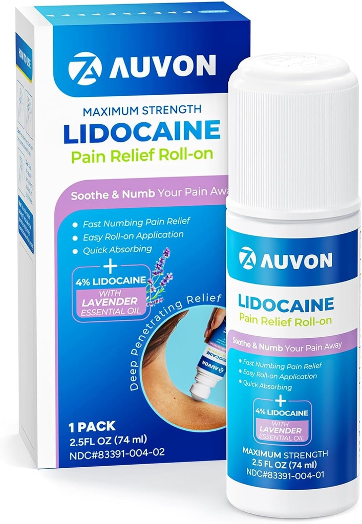 AUVON Lidocaine Rolll-On dengan Estivenal Oil, No Mess Applikator, Max Strength Lidocaine, Quick Absorbing to Numb & Soothe Pain Relief for Knee, Shoulders, FSA Eligly, Lavender, 2,5 OZ, 1 Pack