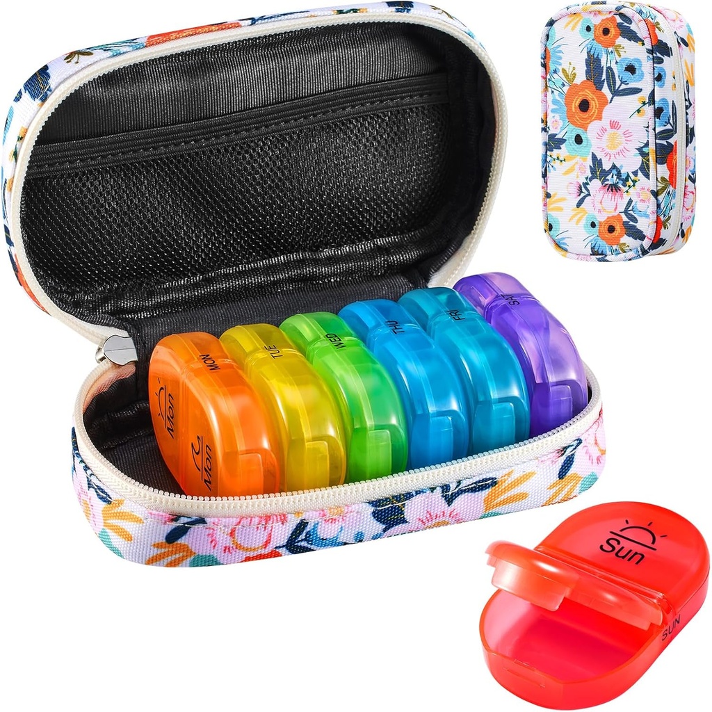 Serfeymi Weekly Travel Pill Organizer 2 Times A Day AM PM Upgraded Rainbow Pill Box 7 Day with Portable Ziper Case, Medicine Organizer for Pills, Vitamin, Fish Oils - Bloom 01