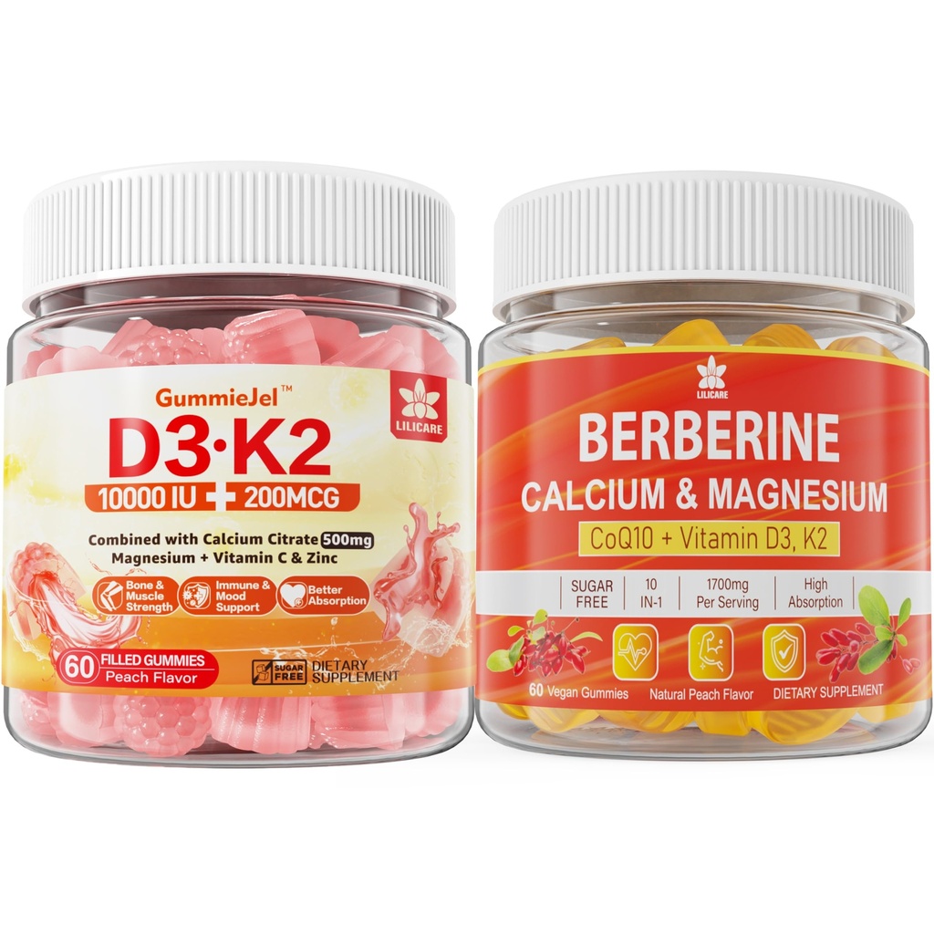 Sugar-Free Vitamin D3 K2 Gummies dengan Calcium, Magnesium Citrate, Vitamin C + Berberine Gummies, dengan Lipomal Berberine & Berberine HCI, Calcium, Magnesium