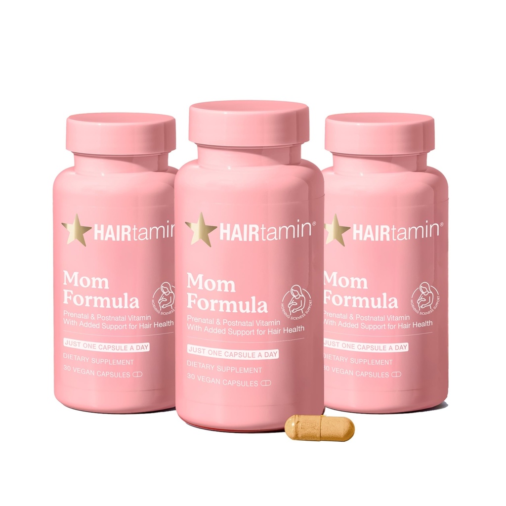 HAIRTAmin MOM Vegan Prenatal & Postnatal Multivitamin Capsules & Hair Vitamin, Postpartum, Breathfeating, Hair Nails, dan Skin Vitamin for Women with Biotin, Zinc, Iron (3- Pack)