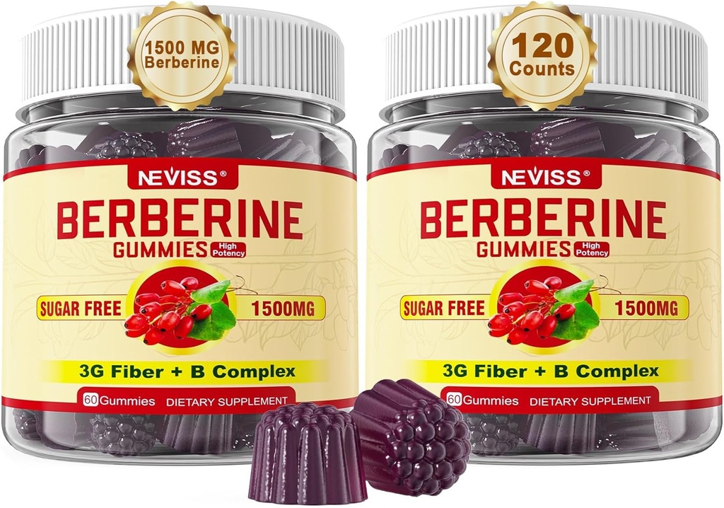 Suplemen NEVISS Berberine 1500mg, AMPK Activator dengan 3G Prebiotic Fiber, B1 B3 B6, Gummi HCL Bebas Gula Berbersin untuk Perempuan dan Pria - Mendukung Sistem Imune, Digetsy, 2pack 120 Cts