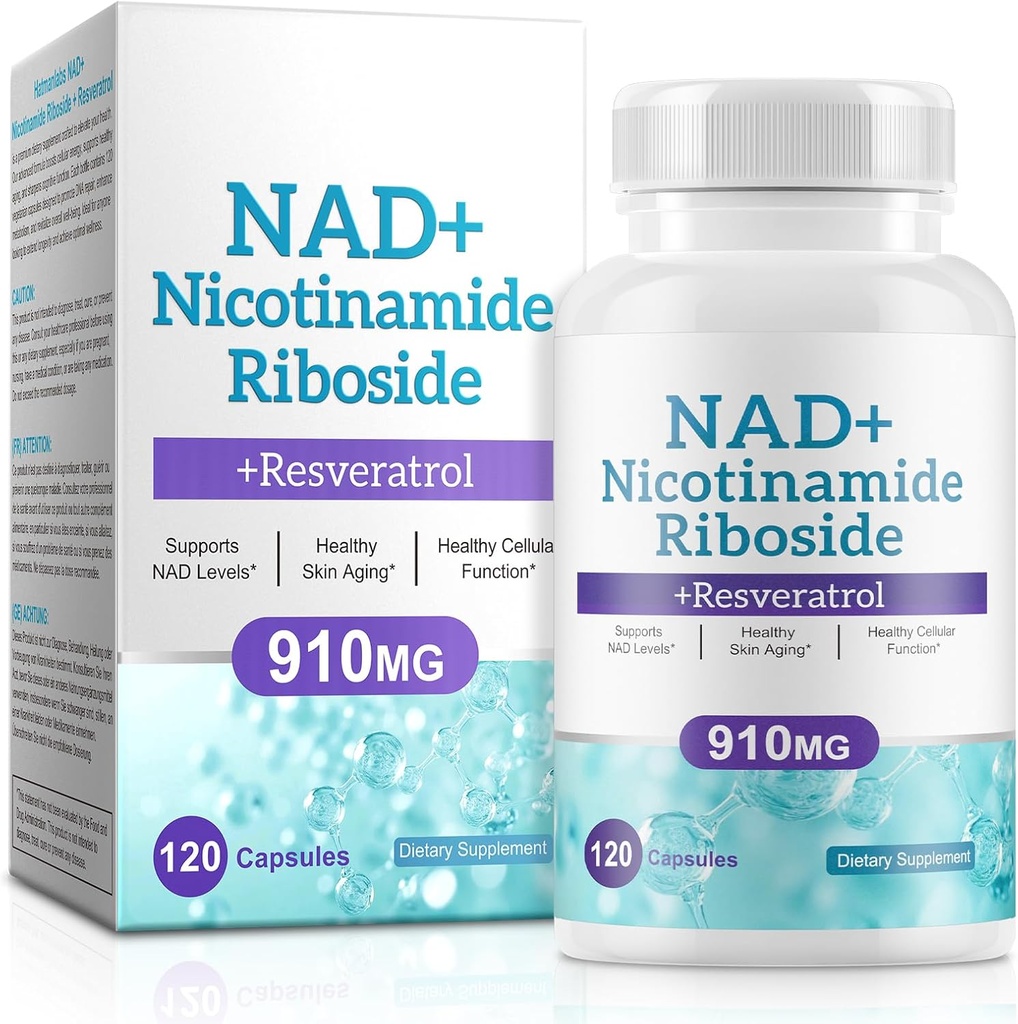 Tambahan NAD untuk Pria dan Wanita - Liposomal Nicotinamide Ribside, Quercetin, NAD + Tambahan dengan Resveratrol 910mg - Mendukung Otot, Otak, Energi, 120 Kapsul