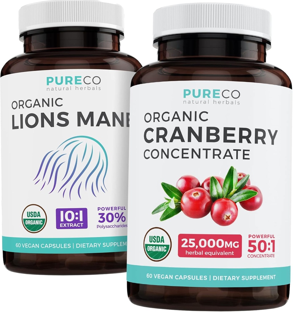 Simpan $4 (12% off) - Mind & Body Bundle - Organic Cranberry Konsentrat (50: 1 Konsentrat - Sama 25,000mg Cranberry segar) dan Organik Lions Mane (10: 1 Ekstrak - Equals 10,000mg Mushroom)