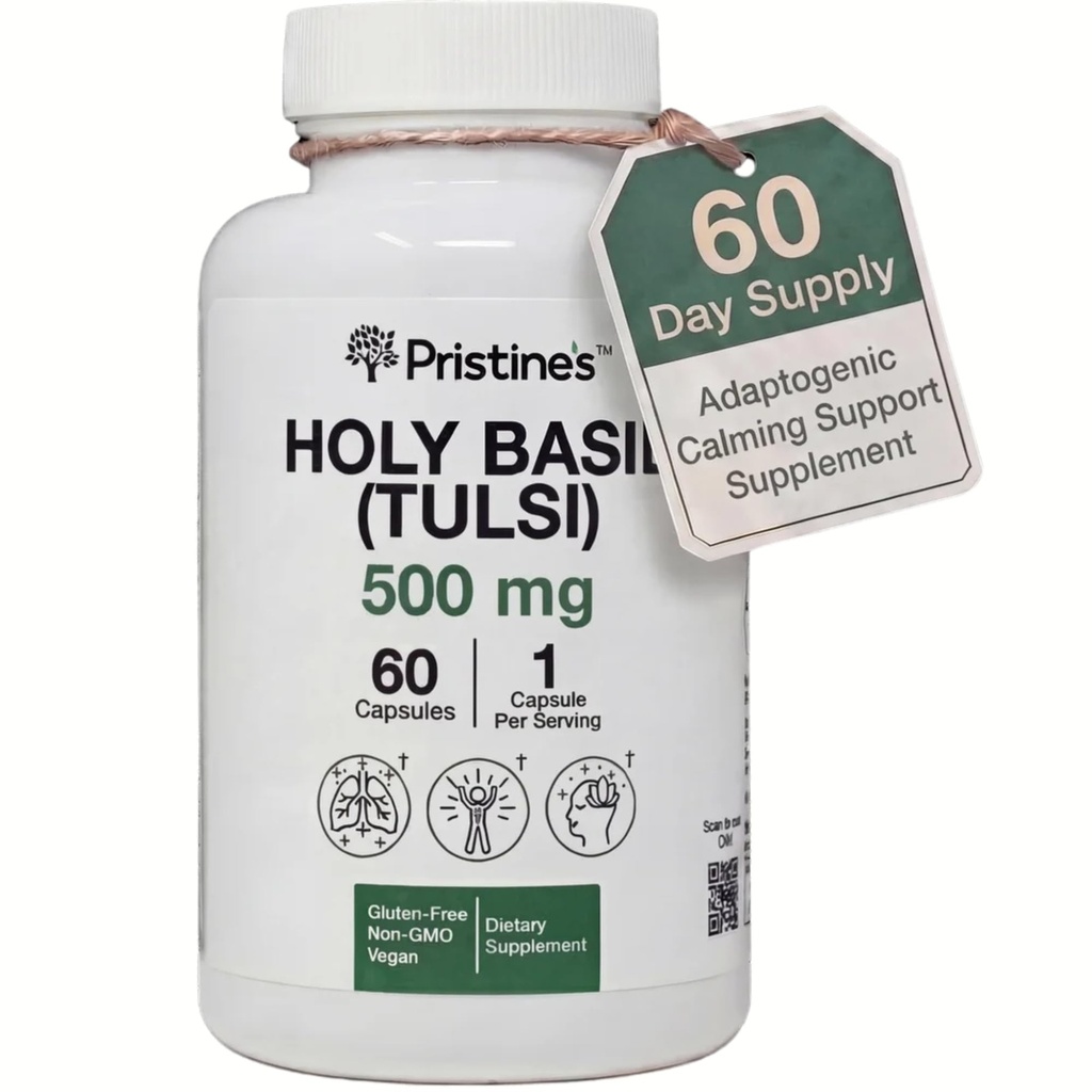 Pristine 'S Holy Basil Capsules - 500 mg Gluten Free Imunity & Relaxation Suplemen Adaptogen - 60 Day Supply - Tulsi Holy Basil Extract Capsules - Vegan - Non-GMO