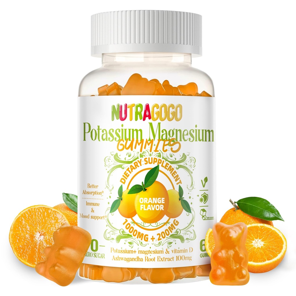 Potassium Magnesium Gummies, Potasium Suplemen W / Ashwagandha, Absorpsi Tinggi Magnesium Glycinate, B6, D3, Potasium Citrate untuk Kram Leg, Otot, Elektroyte untuk Anak Dewasa, Sugar- Bebas 60 Gummies