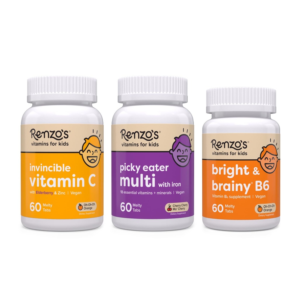 Renzo 's Vitamin Back to School Bundle, Bright & Brainy Vitamin B6, Picky Eater Kids Multivitamin, dan Anak-anak Vitamin C dengan Elderberry & Zinc untuk Dukungan Imune