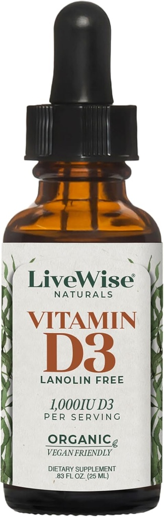 Livewise IU per Drop, Support, Vitamin D3, Vegan, Non- GMO, Plant-Based, 200 IU per Drop, Support Imune, Bone, and Mood Health, Easy- to-Absorb, in MCT Oil 1,000 IU