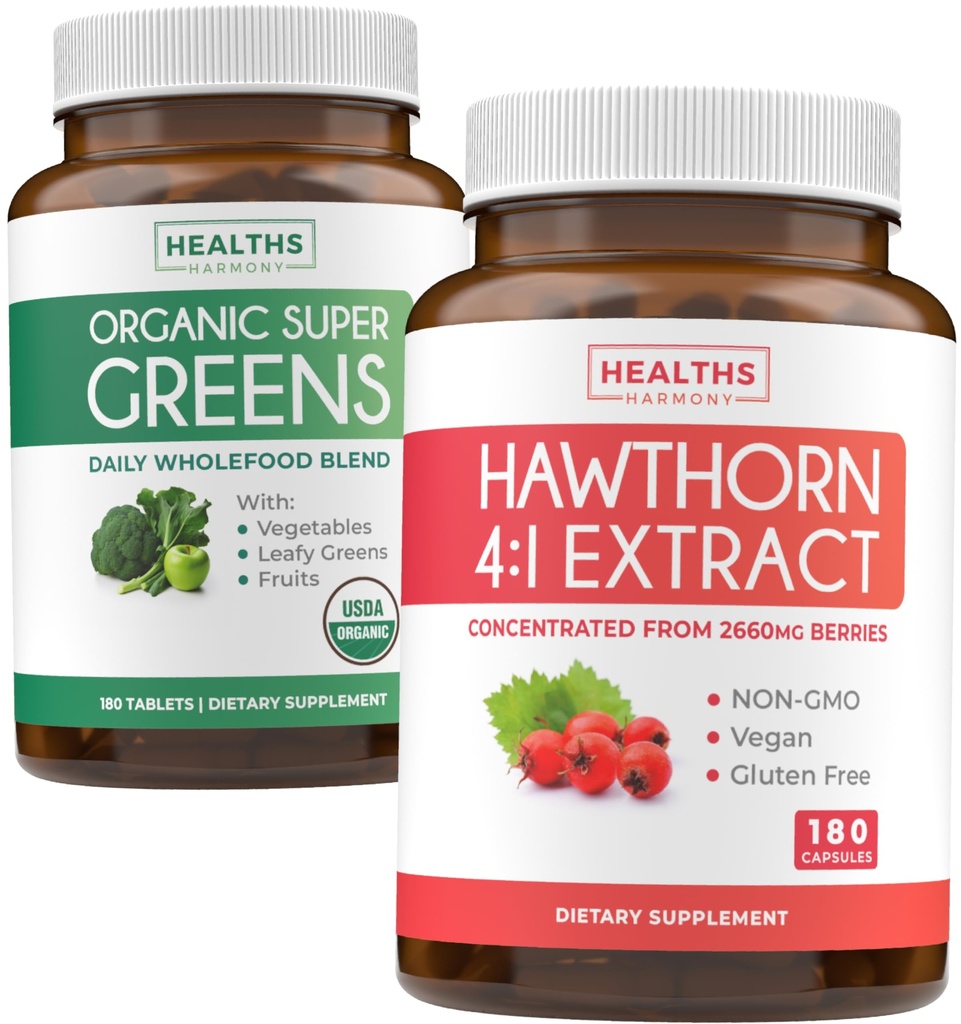 Super Greens & Hawthorn Extract (3- Month Supply) Super Berry Blend Bundle of Organic Super Greads Powder - Lengkap Superfood & Hawthorn Berry 4: 1 Ekstrak - Ekstrak Kekuatan Tinggi (180 Capsules)