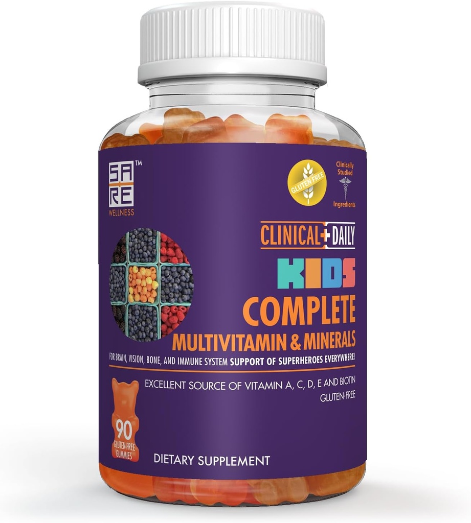 Clinical Daily Complete Kid Multivitamin Daily Gummy Suplement for Brain, Vision, Bone and Immune Health. Vitamin A, C, E, D, B6, B12, Folate, Biotin, Escalypse Minament. 90 Gluten Free Yummies