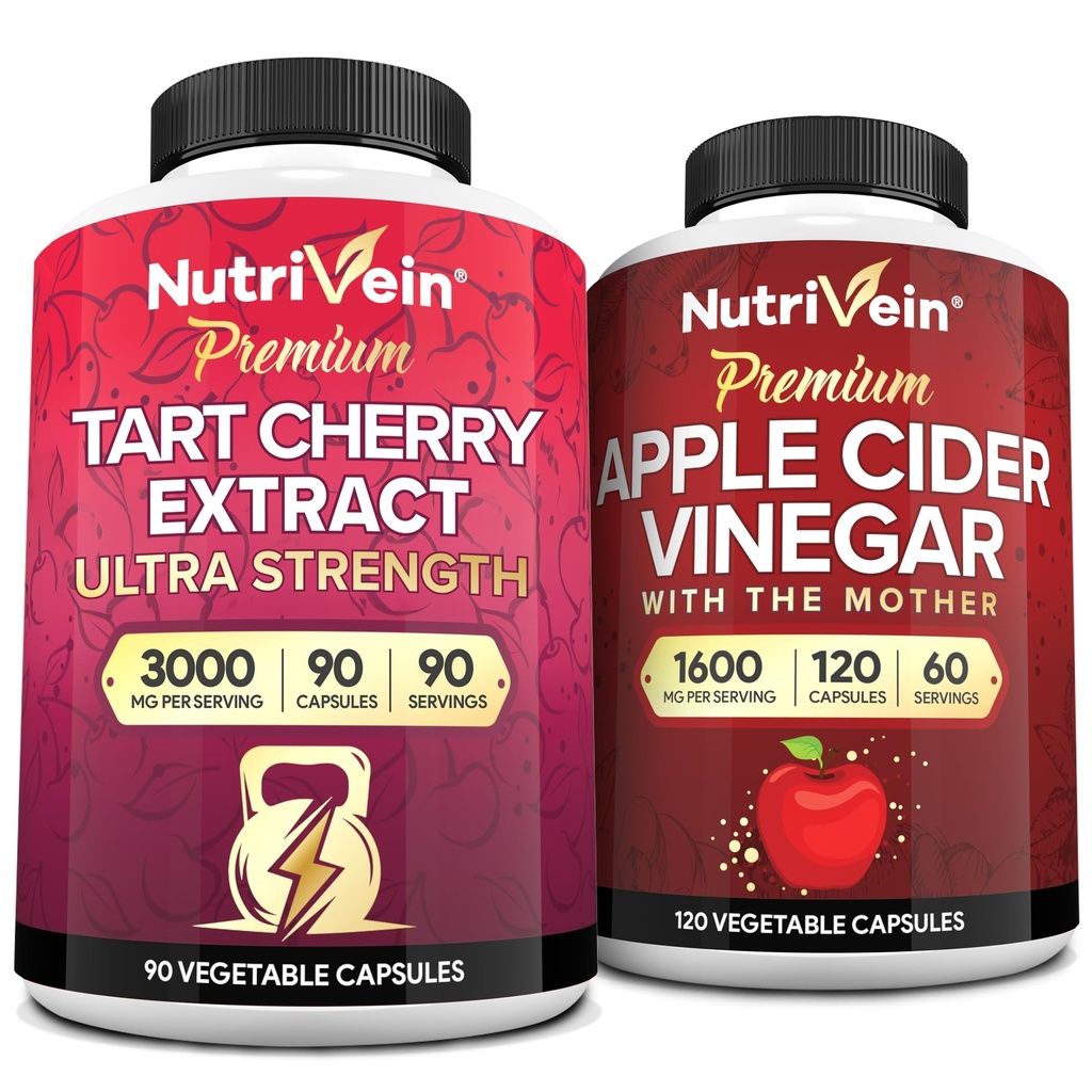 Nutrivein Premium Tart Cherry 500mg & Apple Cider Vinegar 1600mg Bundle - Muscle Recovery & Uric Acid Cleanse Plus Intervention Duffer & Weight Management - Non-GMO, Vegan / Vegetarian - 90 + 120 Pills