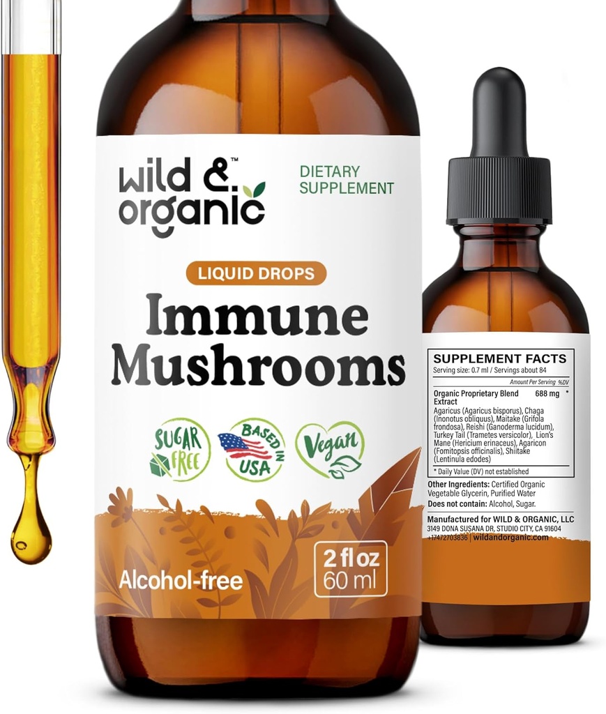 Wild & Organic Ammunic Mushroom Tasture - 8-in 1 Mushroom Complex dengan Chaga, Turkey Tail, Lion 's Mane, Reishi Extract - Imune Support Drops - Vegan, Sugar & Alcohol- Free Liquid Suplemen - 2 fl oz