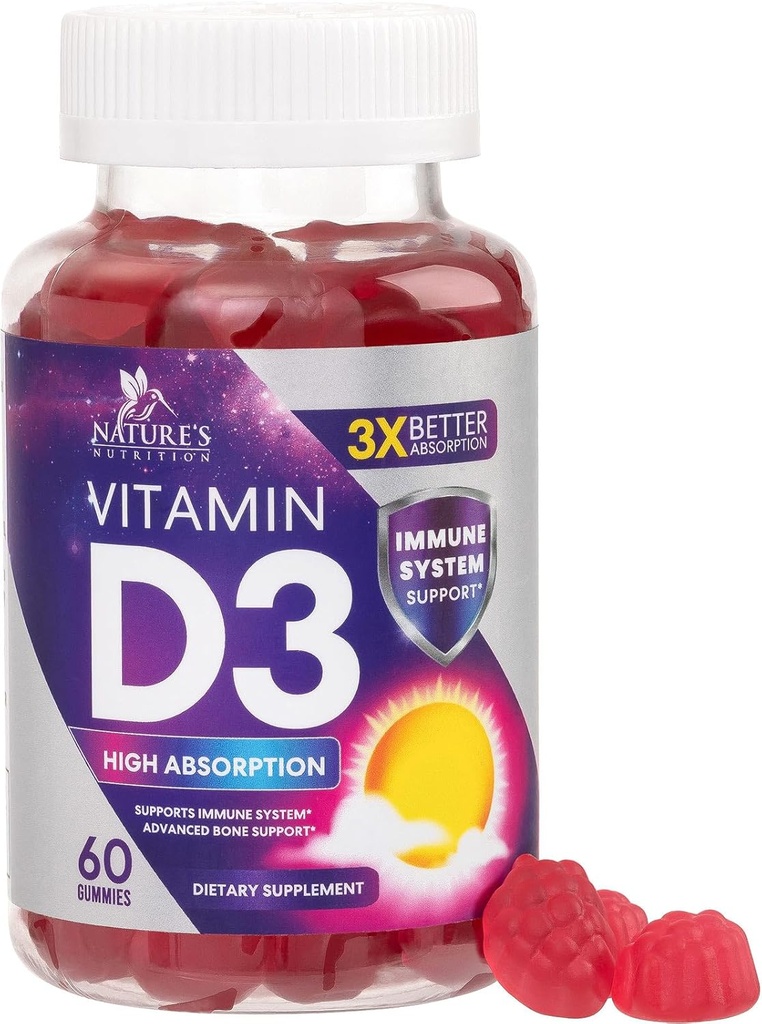 Vitamin D3 Gummy 5000 IU (125 mcg) - Dietary Vitamin D Suplement for Women & Men - Bone, Teeth, Muscle & Imune Health Support, High Potency Vit D3 Nature 's Nor-GMO & Gluten Free - 60 Gummies